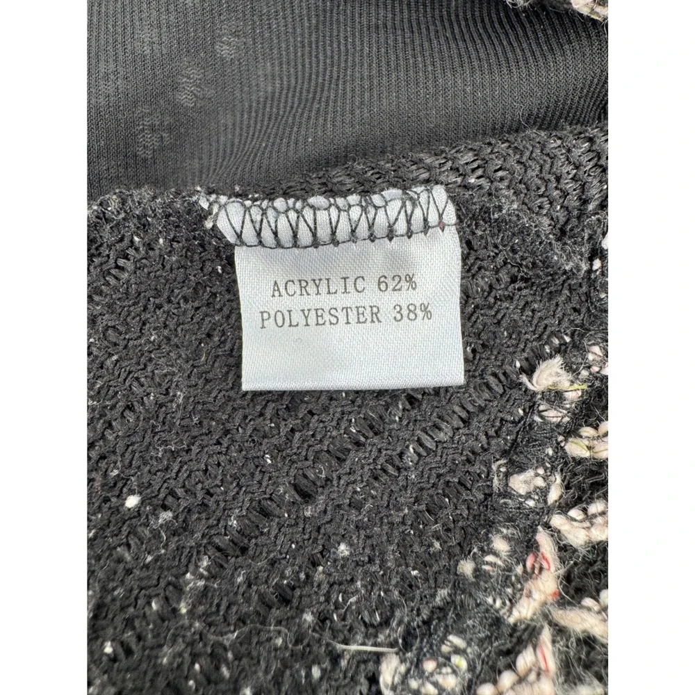 Fleur De Lis Cardigan Black Knit Yarn Patchwork Boho Floral Open Front Size S